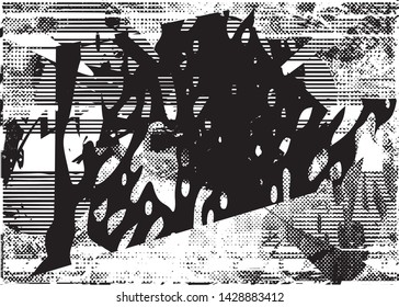 Distressed background in black and white texture with dots, spots, scratches and lines. Abstract vector illustration