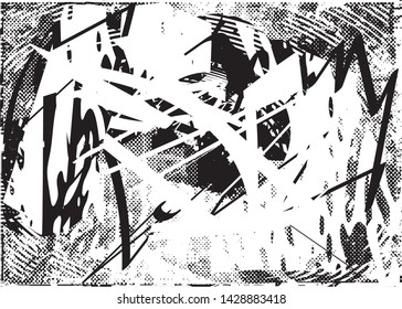 Distressed background in black and white texture with dots, spots, scratches and lines. Abstract vector illustration