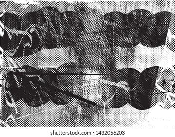 Distressed background in black and white texture with dots, spots, scratches and lines. Abstract vector illustration