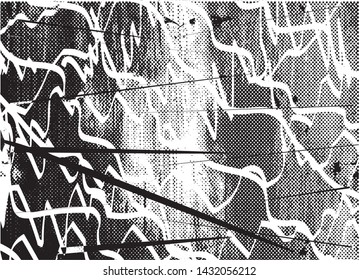Distressed background in black and white texture with dots, spots, scratches and lines. Abstract vector illustration