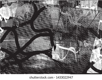 Distressed background in black and white texture with dots, spots, scratches and lines. Abstract vector illustration