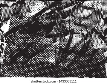 Distressed background in black and white texture with dots, spots, scratches and lines. Abstract vector illustration