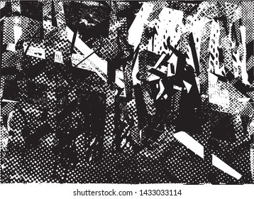 Distressed background in black and white texture with dots, spots, scratches and lines. Abstract vector illustration