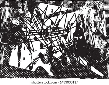 Distressed background in black and white texture with dots, spots, scratches and lines. Abstract vector illustration