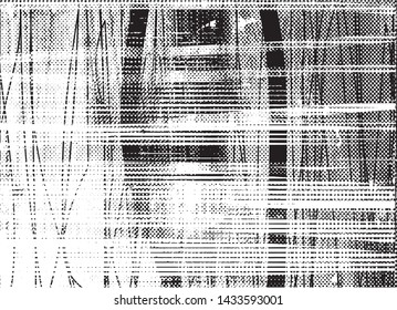 Distressed background in black and white texture with dots, spots, scratches and lines. Abstract vector illustration