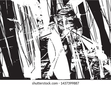 Distressed background in black and white texture with dots, spots, scratches and lines. Abstract vector illustration