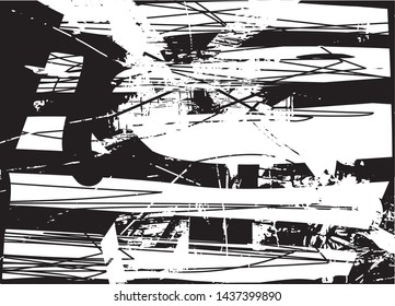 Distressed background in black and white texture with dots, spots, scratches and lines. Abstract vector illustration