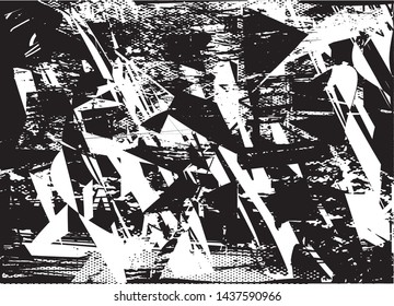 Distressed background in black and white texture with dots, spots, scratches and lines. Abstract vector illustration