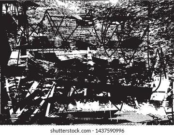 Distressed background in black and white texture with dots, spots, scratches and lines. Abstract vector illustration