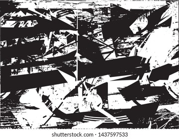 Distressed background in black and white texture with dots, spots, scratches and lines. Abstract vector illustration