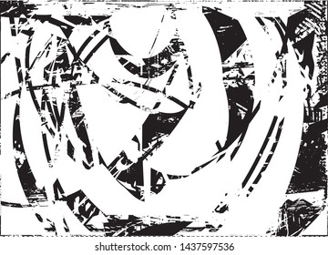 Distressed background in black and white texture with dots, spots, scratches and lines. Abstract vector illustration