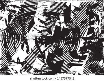 Distressed background in black and white texture with dots, spots, scratches and lines. Abstract vector illustration