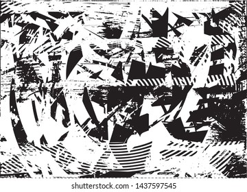 Distressed background in black and white texture with dots, spots, scratches and lines. Abstract vector illustration