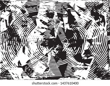 Distressed background in black and white texture with dots, spots, scratches and lines. Abstract vector illustration
