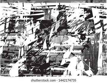 Distressed background in black and white texture with dots, spots, scratches and lines. Abstract vector illustration