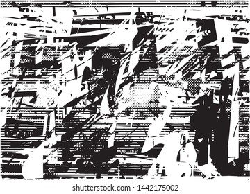 Distressed background in black and white texture with dots, spots, scratches and lines. Abstract vector illustration