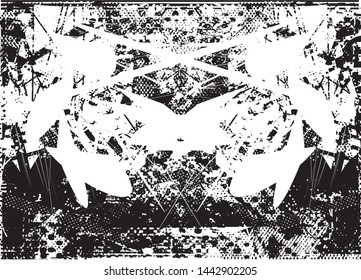 Distressed background in black and white texture with dots, spots, scratches and lines. Abstract vector illustration