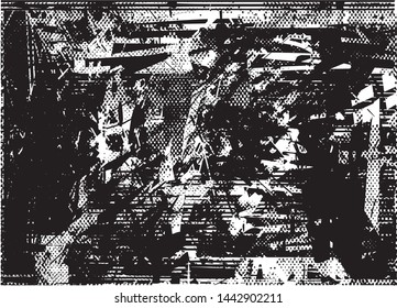 Distressed background in black and white texture with dots, spots, scratches and lines. Abstract vector illustration