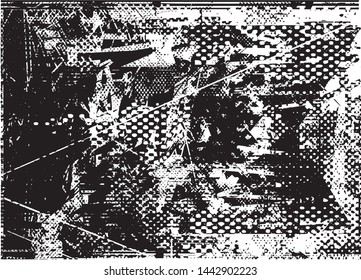 Distressed background in black and white texture with dots, spots, scratches and lines. Abstract vector illustration