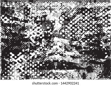 Distressed background in black and white texture with dots, spots, scratches and lines. Abstract vector illustration