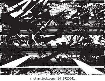Distressed background in black and white texture with dots, spots, scratches and lines. Abstract vector illustration