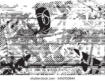Distressed background in black and white texture with dots, spots, scratches and lines. Abstract vector illustration