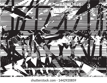 Distressed background in black and white texture with dots, spots, scratches and lines. Abstract vector illustration