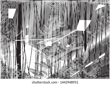 Distressed background in black and white texture with dots, spots, scratches and lines. Abstract vector illustration