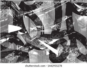 Distressed background in black and white texture with dots, spots, scratches and lines. Abstract vector illustration