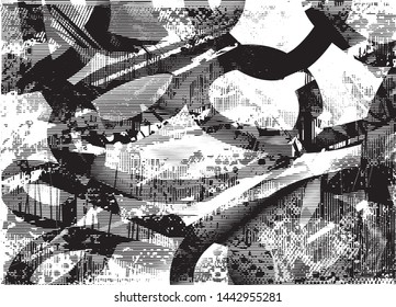 Distressed background in black and white texture with dots, spots, scratches and lines. Abstract vector illustration