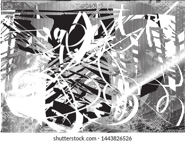 Distressed background in black and white texture with dots, spots, scratches and lines. Abstract vector illustration