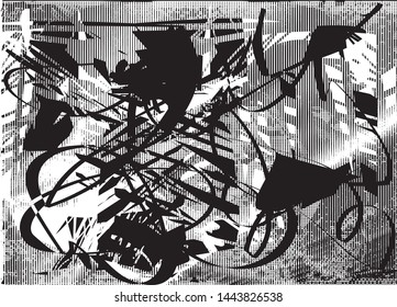 Distressed background in black and white texture with dots, spots, scratches and lines. Abstract vector illustration