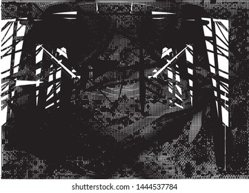 Distressed background in black and white texture with dots, spots, scratches and lines. Abstract vector illustration