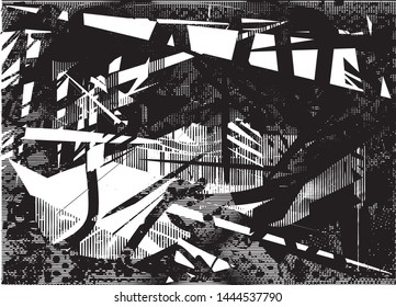 Distressed background in black and white texture with dots, spots, scratches and lines. Abstract vector illustration