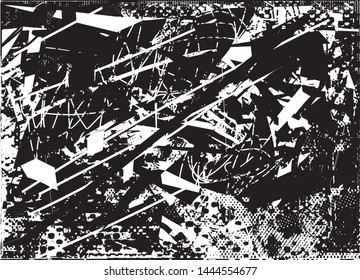 Distressed background in black and white texture with dots, spots, scratches and lines. Abstract vector illustration