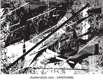 Distressed background in black and white texture with dots, spots, scratches and lines. Abstract vector illustration