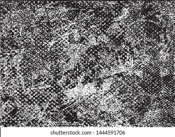 Distressed background in black and white texture with dots, spots, scratches and lines. Abstract vector illustration