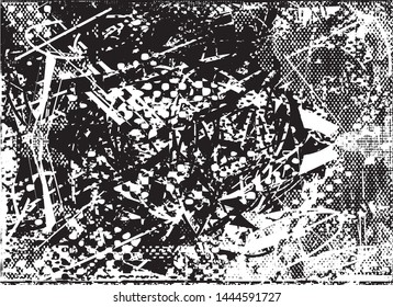 Distressed background in black and white texture with dots, spots, scratches and lines. Abstract vector illustration