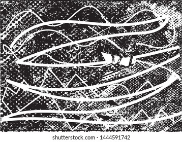 Distressed background in black and white texture with dots, spots, scratches and lines. Abstract vector illustration