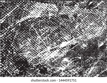 Distressed background in black and white texture with dots, spots, scratches and lines. Abstract vector illustration