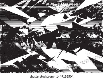 Distressed background in black and white texture with dots, spots, scratches and lines. Abstract vector illustration