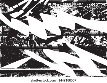 Distressed background in black and white texture with dots, spots, scratches and lines. Abstract vector illustration