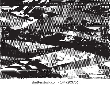 Distressed background in black and white texture with dots, spots, scratches and lines. Abstract vector illustration
