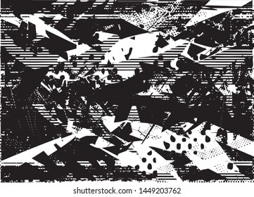 Distressed background in black and white texture with dots, spots, scratches and lines. Abstract vector illustration