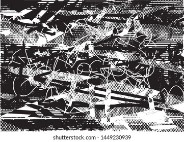 Distressed background in black and white texture with dots, spots, scratches and lines. Abstract vector illustration