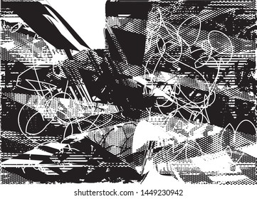 Distressed background in black and white texture with dots, spots, scratches and lines. Abstract vector illustration