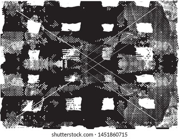 Distressed background in black and white texture with dots, spots, scratches and lines. Abstract vector illustration