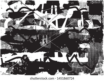 Distressed background in black and white texture with dots, spots, scratches and lines. Abstract vector illustration