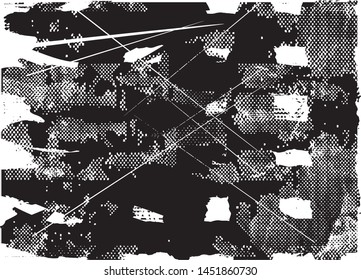 Distressed background in black and white texture with dots, spots, scratches and lines. Abstract vector illustration