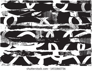 Distressed background in black and white texture with dots, spots, scratches and lines. Abstract vector illustration